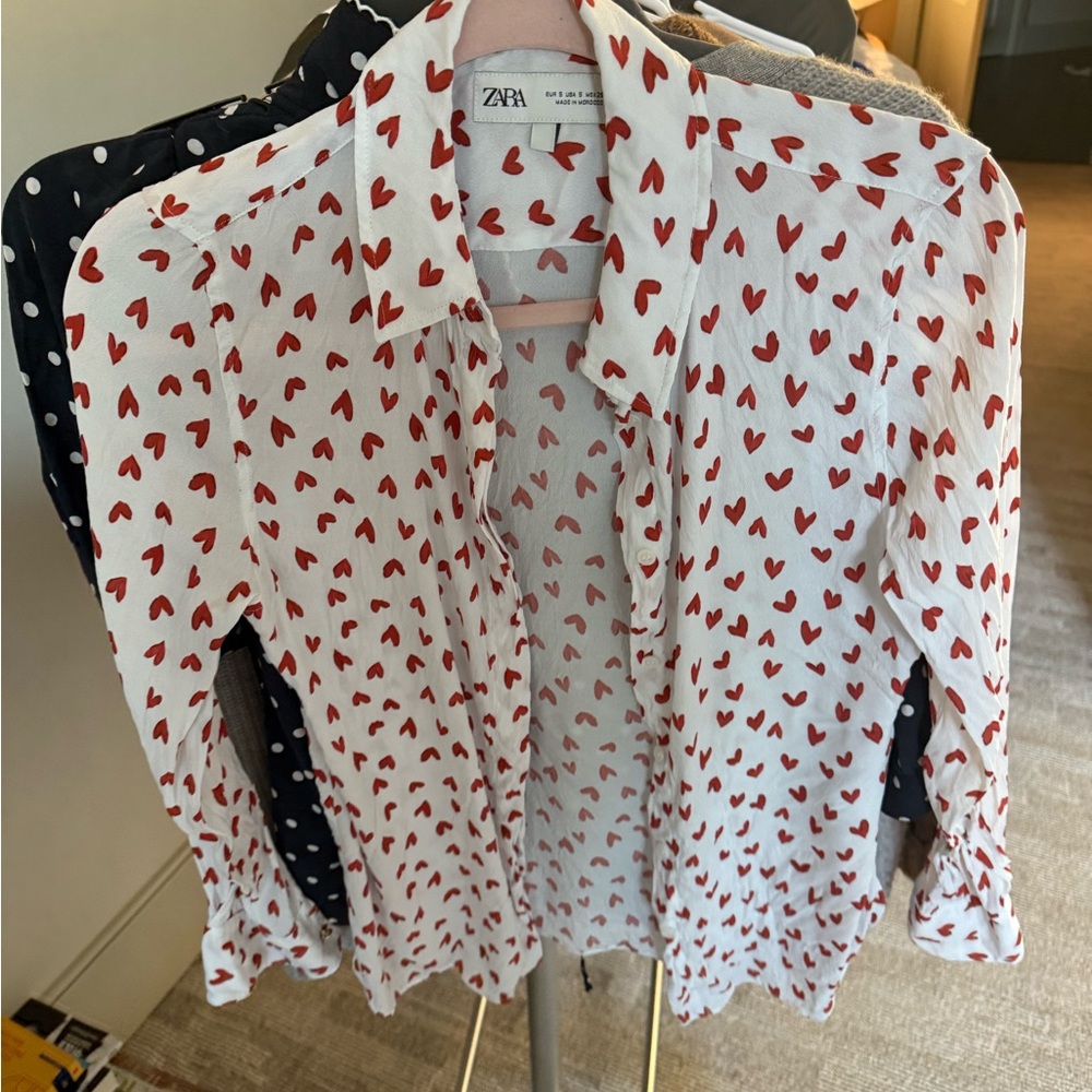Zara White Blouse with Red Heart Pattern